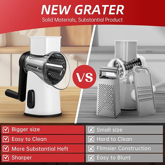 Rotary Cheese Graters with 4 Blades, Hand Crank Cheese Grater with Waffle Slicer, Red, Black and White Cheese Shredder with Suction Base, Easier for Shredding & Grating (White)