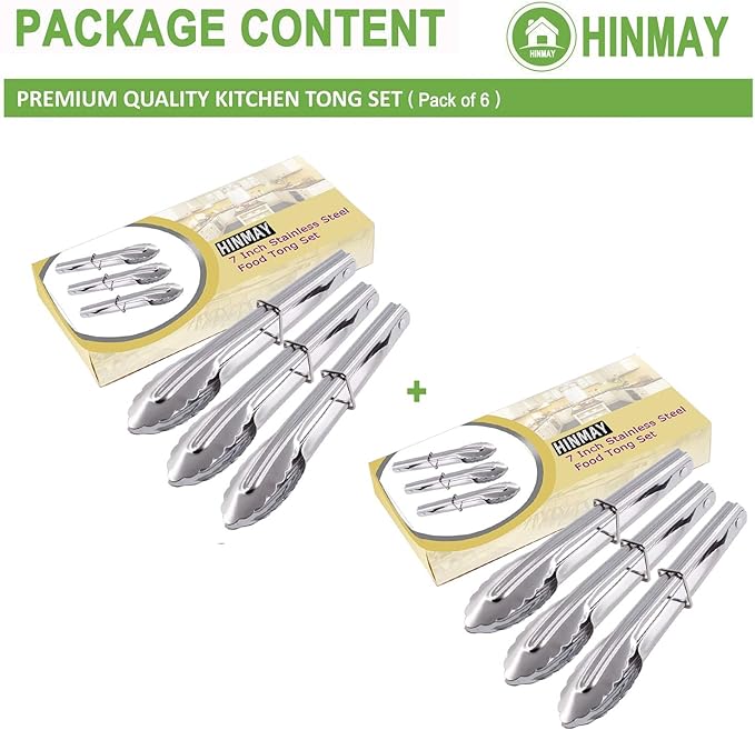 HINMAY Mini Stainless Steel Food Tongs with Silding Rings 7-Inch - Set of 6 - Small Clam Shell Service Tongs for Serving Appetizers, Desserts, Salads, Barbecue and Cooking (Silver)