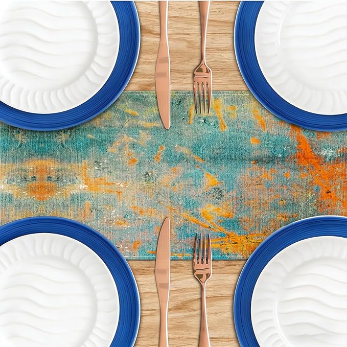 Modern Abstract Teal Yellow Colorful Table Runner Summer Runners for Tables Rustic Spring Fall Decorations for Living Room Kitchen Home Party Indoor Outdoor Table Decor 13 x 72 Inches
