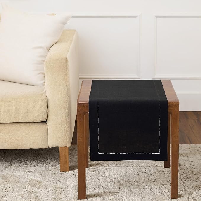 Solino Home 100% Pure Linen Black Table Runner 36 Inches - 14 x 36 Inch for Coffee Tables, Sideboard, Foyer, Living Room - Sonoma Hemstitch