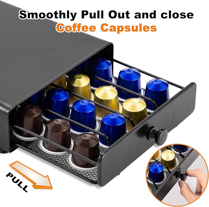ROWISE Coffee Pod Drawer Compatible with Nespresso Original Line, Coffee Pod Holder for counter, 40 Capsules Capacity, Black