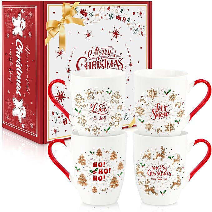 Classic Christmas Coffee Mug Set of 4, 12 oz Gingerbread Man Coffee Mug with Handle, Hot Cocoa Ceramic Mugs with Gift Box for Mom Woman Family Friends Colleagues
