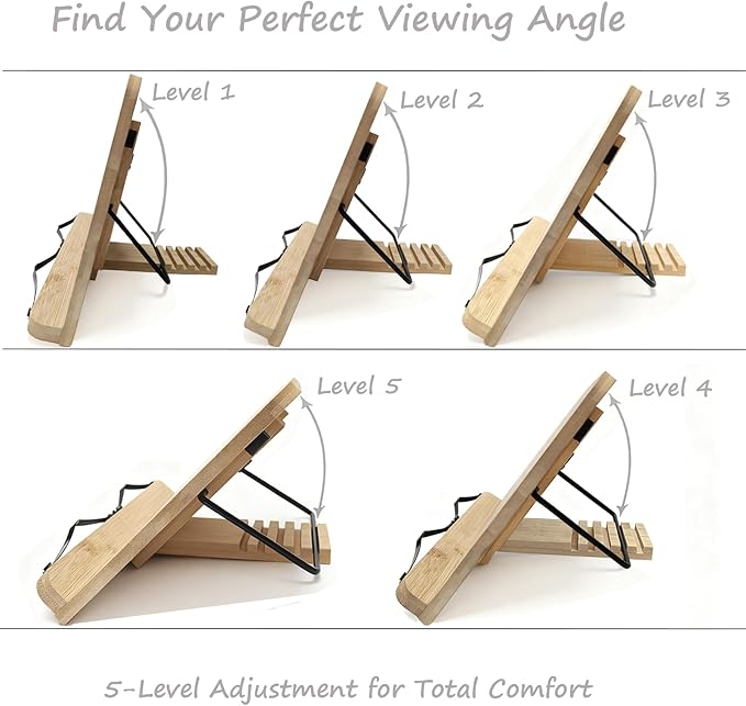 Cookbook Stand for Kitchen Counter, 5-Level Adjustable Elegant Bamboo Recipe Book Holder, All-in-One Design Locks Flat for Easy Storage, Holds 1 inch Thick Books for Cooking, Working, and Studying
