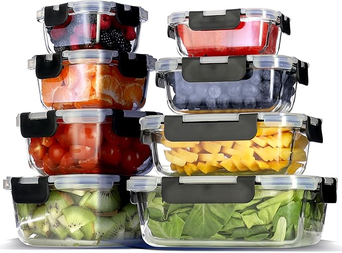 EATEX 16pc Glass Food Storage Containers with Lids, Airtight Glass Meal Prep Containers, 8 Reusable Food Containers with 8 Leakproof Snap Lock Lids, Oven Microwave Freezer Safe Lunch