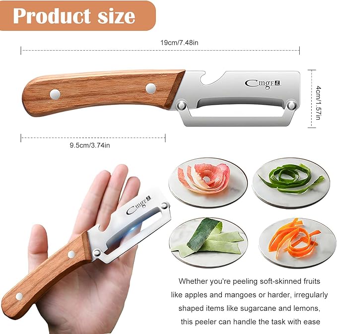 Stainless Steel Vegetable Peelers for Kitchen with Bottle Opener, Non-Slip Wooden Handle - for Paring Fruits and Veggies like Potato, Apple, Carrot, Mango, Lemon, and Sugarcane