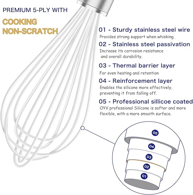 OYV White Silicone Whisk, Professional Whisks For Cooking Non-Scratch, Stainless Steel & Silicone Wisk, Plastic Rubber Whisk Tool For Nonstick Cookware Pans, BPA free, Silicon Wisks Set of 3