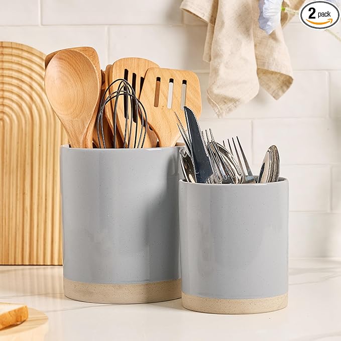 famiware Milkyway Kitchen Utensil Holder for Countertop, 7.2"+5.8" Ceramic Cooking Utensil Crocks for Counter, Utensil Organizer for Spatula & Spoon, Kitchen Decor, Set of 2, Light Gray
