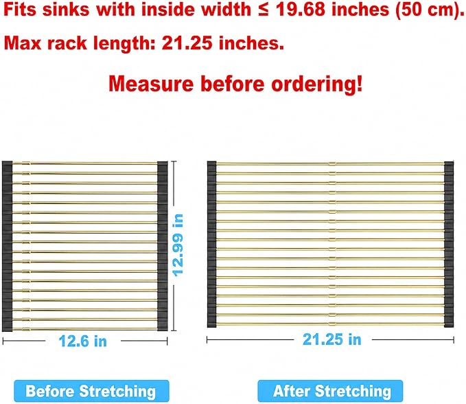 Expandable Roll Up Dish Drying Rack, Adjustable Large Over The Sink Rack Draining Rack (Max Extends to 21.25”) for Stainless Steel Sink Rack, Collapsible Rolling Up Rack 18 Tube for Kitchen, Gold