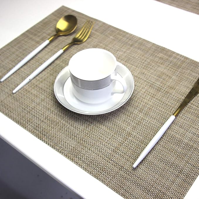 Dinner Mats Easy to Clean for Dining Table Woven Vinyl Placemats Heat Resistant 12x18 inche Table Mats Set of 6（Khaki）