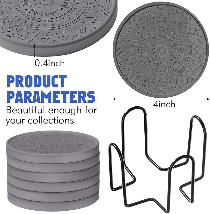Photect Diatomaceous Earth Coasters Set with Holder Absorbent Stone Drink Coasters Instant Drying Tray for Tabletop Protection Home Decoration Housewarming Gift(Black,6 Pcs)