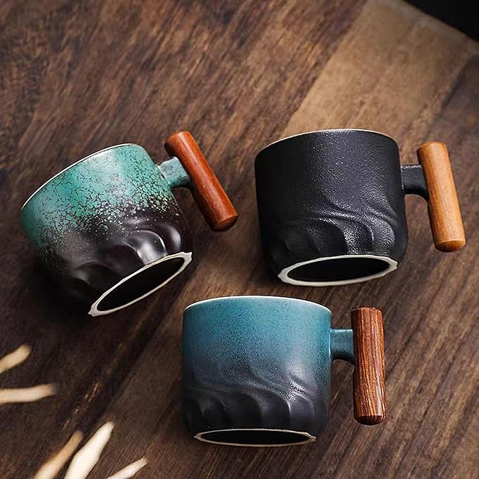 2.5oz Ceramic Espresso Cups with Wooden Handle, Chinese KungFu Tea Cup, Coffee Cups Set of 4 (Green)