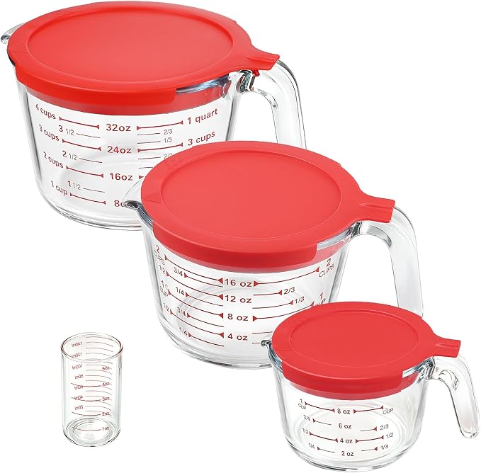 KOMUEE 4 Pieces Glass Measuring Cups Set | 5 Oz, 1-Cup, 2-Cup, 4-Cup Liquid Measuring Cups with Lids for Kitchen, Freezer and Microwave Safe