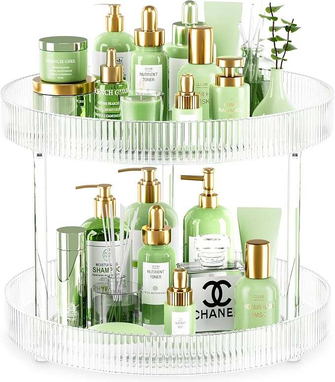 Acina 2-Tier Bathroom Countertop Organizer: 360° Clear Lazy Susan Rotating Storage Tray - Spinning Perfume Cosmetics Vanity Shelf for Bathroom Cabinet, Kitchen (Large)