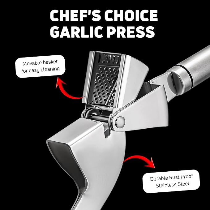 KUYRA Garlic Press Stainless Steel Set Premium Professional Garlic Mincer, Silicone Peeler & Brush, Clove Crusher, Handheld Mincer & Squeezer, Easy Clean Rustproof, Dishwasher Safe Kitchen Peelers