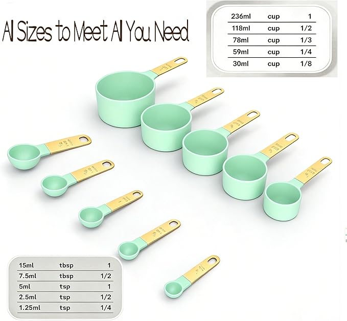 10-Piece Measuring Cups and Spoons Set, PP with Sturdy Titanium Gold Plated Handles, Nested Kitchen Measuring Tools for Dry and Liquid Ingredients,Mint Green