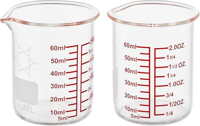 High Borosilicate Glass Measuring Cup-V-Shaped Spout，Glass Measuring Beaker for Kitchen or Restaurant, Easy to Read, 60 ML (2 Oz)-Pack of 2