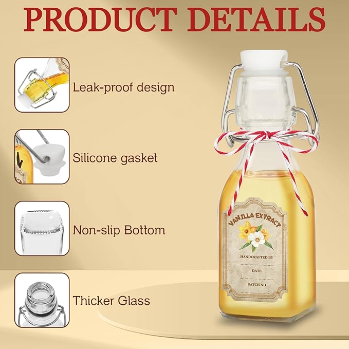 10 Pack Swing Top Glass Vanilla Extract Bottles 4 oz with Lids, Vanilla Extract Labels and Funnel, Glass Boston Bottles for Syrup Gift, Flip Top Jars