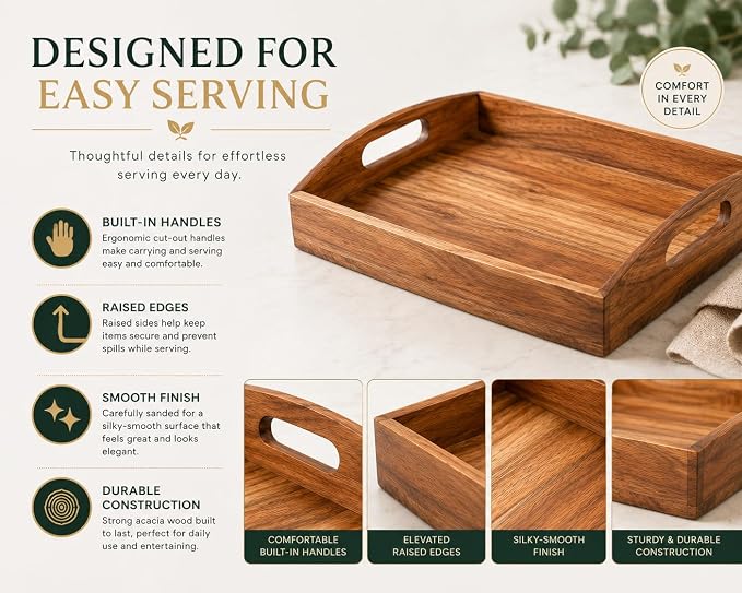 Acacia Wood Serving Tray - 12 Inch Wooden Tray with Natural Food-Safe PU Coating, Brown