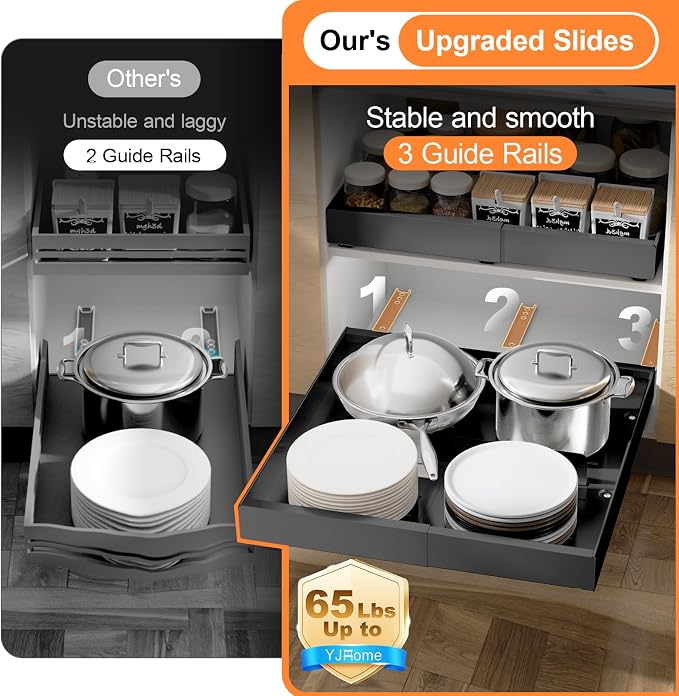 YJHome 2 Pack Pull Out Cabinet Organizer, No Drill Expandable Width 12"-20" & 21" Depth, Adhesive or Screw-In Installation, Magnetic Divider for Custom Storage, for Kitchen Pantry Bathroom Cabinet
