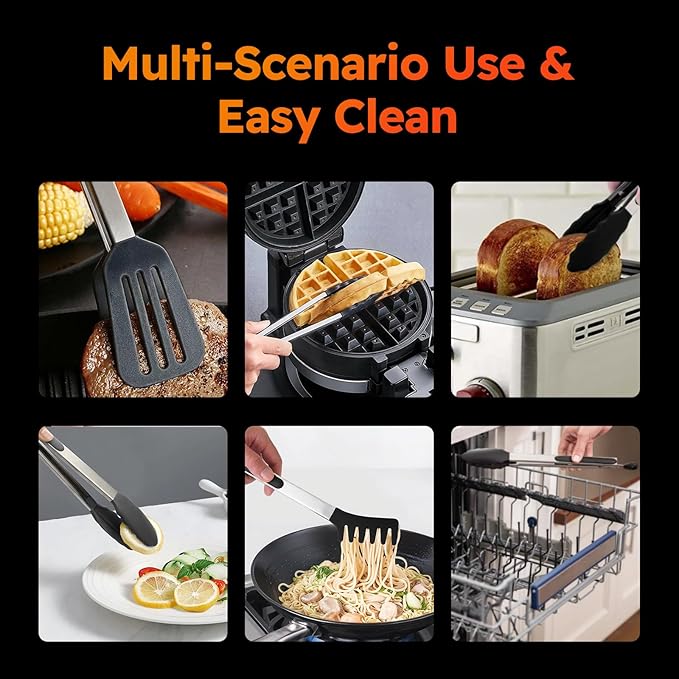 HST Tongs for Cooking with Silicone Tips(3 Pack), Non Stick Kitchen Tongs with Silicone Tip for Cooking BBQ Baking (12", Black)