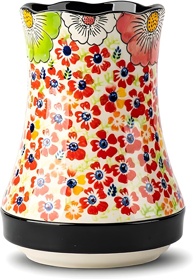 Utensil Holder for Kitchen Counter, Large Ceramic Utensil Holder Crock with Drain Tray, Hand-Painted Floral Rustic Farmhouse Kitchen Crock, Perfect for Women, Christmas, Hostess Gifts & Fall Decor