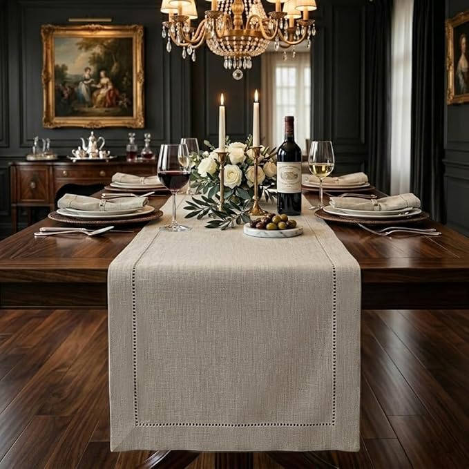Signature Linen™ by D'Moksha Natural Table Runner 84 Inches Long, 100% Pure Linen, Hemstitch, 14 x 84 Inch Table Runner for Dresser, Dining- Summer, Father's Day