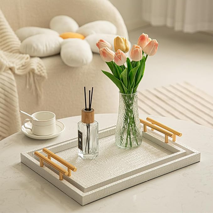 Modern Elegant Large Wood Serving Tray, Set of 2 Pearl White Crocodile Leather with Gold Polished Metal Handles, Home Decorative Rectangle Ottoman Platter Living Room Bathroom Vanity Tray