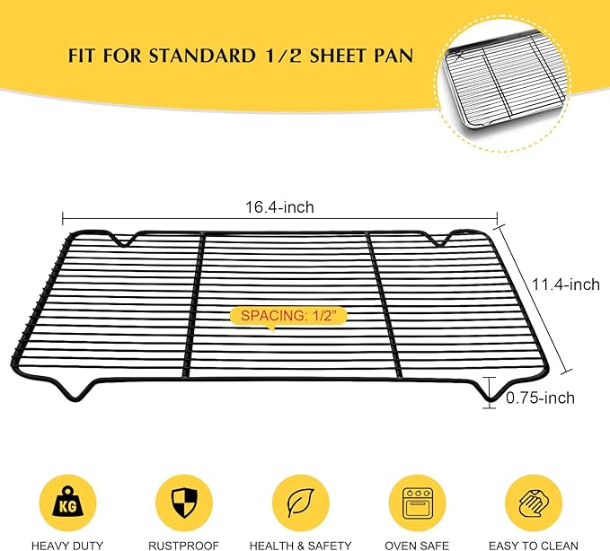 Cooling Rack Set of 2, E-far 1/2 Sheet Baking Racks for Oven Cooking Roasting Grilling, Non-stick 16.4” x 11.4” Wire Rack for Cookie Cake Bacon Meat Resting, Non-toxic & Easy to Clean