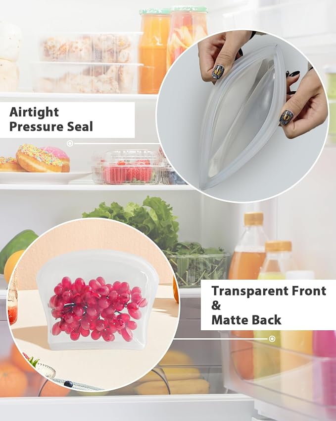 Reusable Silicone Storage Bags, 4Pack Snack Sandwich Sandwich Bags, Endurables Seal-Top Silicone Bags for Food Storage, Freezer, Microwave, Oven, Dishwasher Safe (Clear & Rose Quartz)