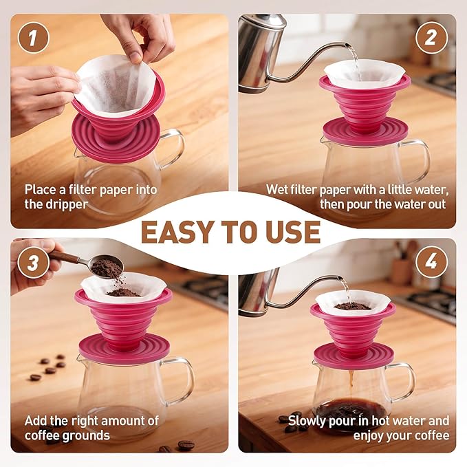 2Pcs Collapsible Pour Over Coffee Dripper, Reusable Silicone Coffee Filter Holder, Portable Manual Coffee Brewer Makes with A Cleaning Brush for Home Camping Hiking Travel Office