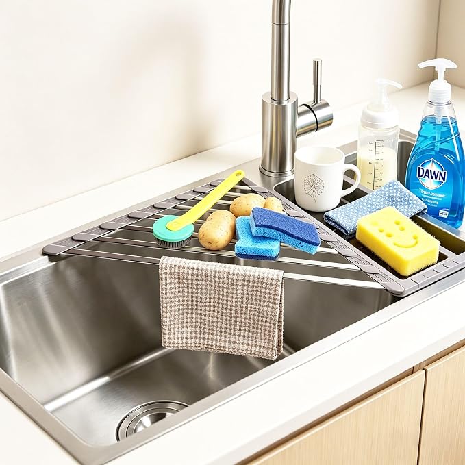 Ahyuan Corner Sink Dish Drainer over the Sink Dish Drying Rack Corner Dish Rack SUS304 Cubic Stainless Still Kitchen Sponge Holder Corner Sink Sponge Caddy Dish Rack (Gray)