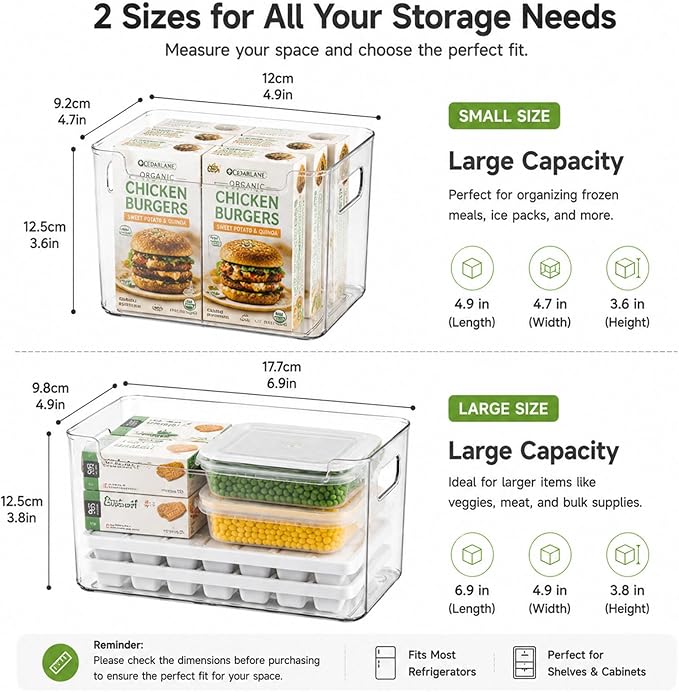 Clear Freezer Storage Bins,Stackable Freezer Organizer Bins with Handles,Clear Plastic Kitchen Organizer for Frozen Food, Meat & Veggies (6pcs, S)