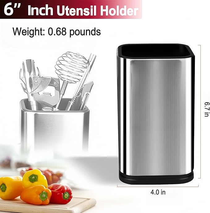 Stainless Steel Utensil Holder Set of 2, Modern Kitchen Tool Caddy Organizer for Countertop, Rust-Proof Cutlery Drying Rack with Drainage Holes, Round Spatula & Whisk Holder