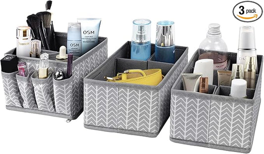 Cosmetic Storage Bins Makeup Organizer, Adjustable Multifunction Storage Box Desk Drawer Divider for Makeup Brushes, Bathroom Countertop or Dresser, Set of 3 (Grey)
