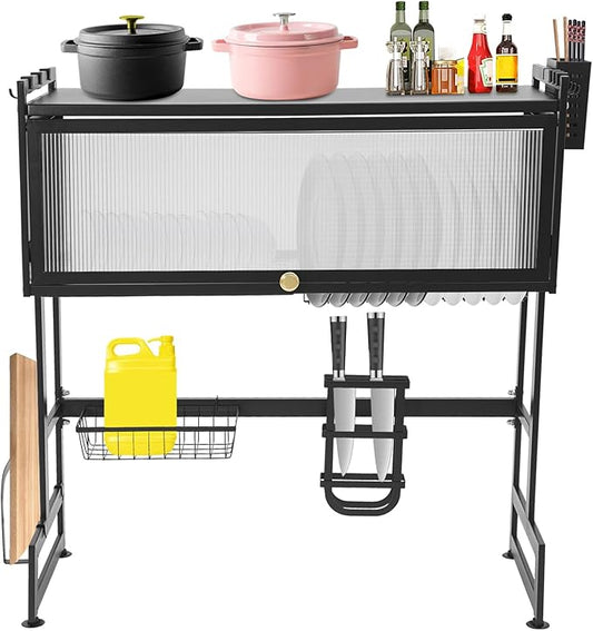 Over The Sink Dish Drying Rack, Metal Storage Shelf Kitchen Organizer Dish Drainer with Cabinet Door for Pots Pans Cups Bowls, L28.4-29.5*W11.8*H31.5in, Black