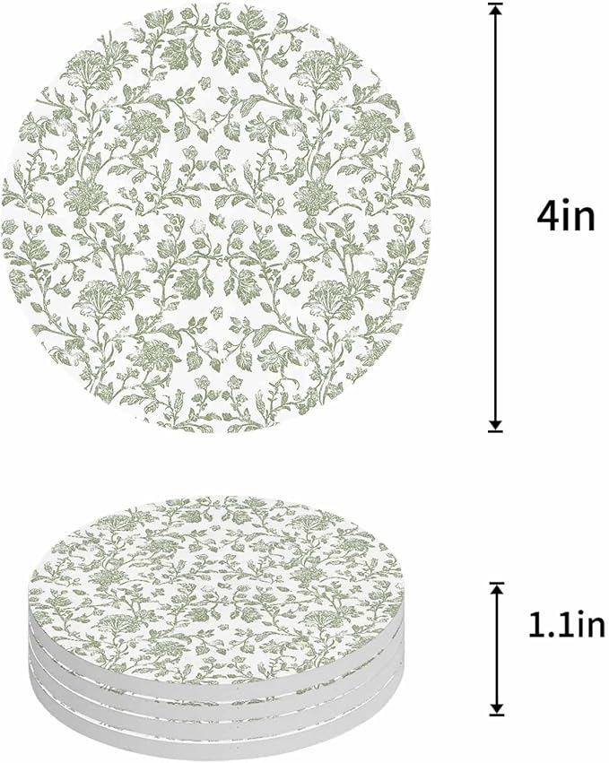 Drink Coasters Sage Green Pastoral Flower Absorbent Stone Ceramic Coaster with Cork Back and NO Holder for Cups, Set of 4-Piece Farmhouse Coasters for Drinks