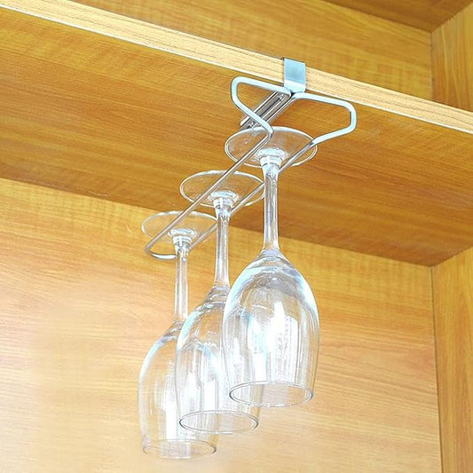 V3VOGUE Stainless Steel Under Shelf Wine Glass Holder, Under Cabinet Stemware Glasses Storage Hanger, Punch-Free Hanging Stemware Holder, Wire Hanging Rack (Single Row, Double Row)
