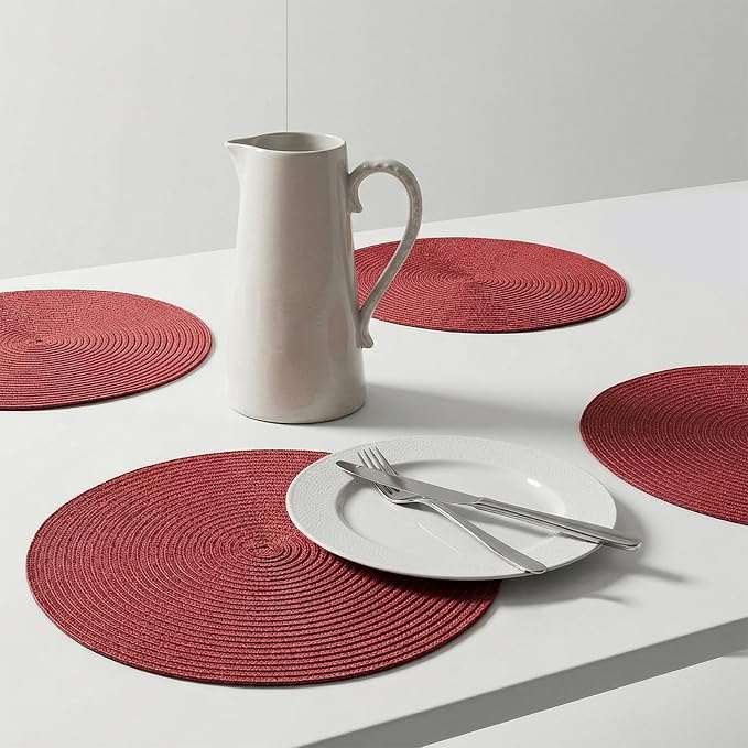 AHHFSMEI Round Placemats Set of 4 Heat Resistant Washable Non-Slip Woven Braided Table Mats for Dining Table Kitchen & Home Decor (Burgendy Red,4)