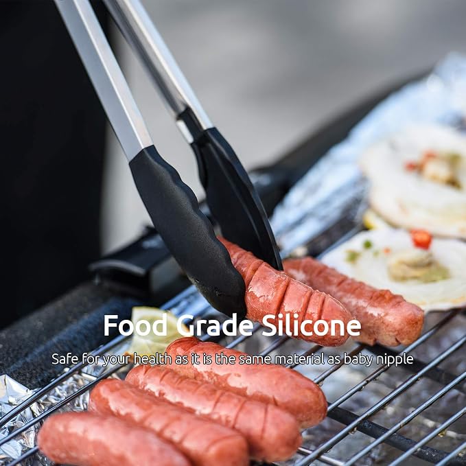 Kitchen Tongs, U-Taste 7/9/12 inches Cooking Tongs, with 600ºF High Heat-Resistant Non-Stick Silicone Tips, 18/8 Stainless Steel Handle, for Food Grill, Salad, BBQ, Frying, Serving, Pack of 3(Black)