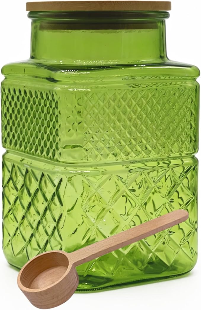 Viovian 60oz Green Glass Jar with Scoop Square Glass Storage Jars with Bamboo Lid,Vintage Glass Coffee Canister for Food Nuts Decorative