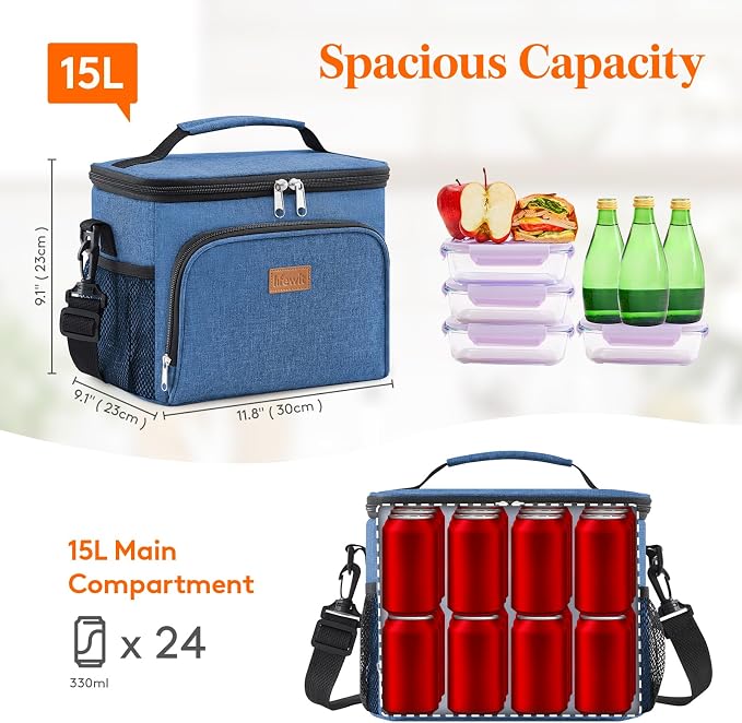 Lifewit Reusable Insulated Lunch Bag, Portable Cooler Freezable Soft Lunchbox Leakproof with Adjustable Shoulder Strap for Men Women Adult for Work Picnic or Travel, 15L 24 Can, Blue