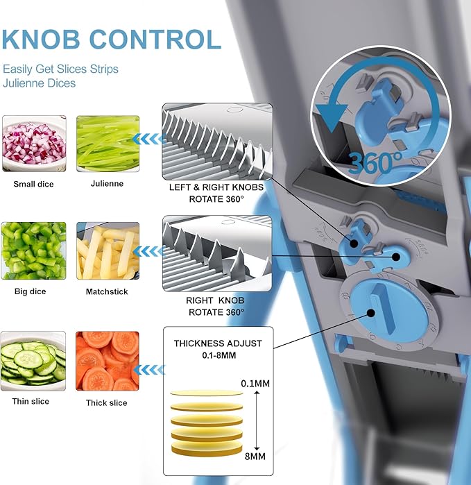 Safe Mandoline Slicer for Kitchen, 6 in 1 Vegetable Chopper, French Fry Cutter For Potatoes, Potato Slicer,Food Chopper,Adjustable Thickness 0.1-8 mm, With Peeler/Cleaning Brush (Blue+green)