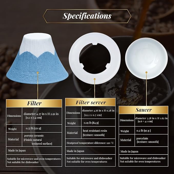 Wablade Ceramic Reusable Coffee Filter Dripper, Mt. Fuji, Made in Japan | Paperless pour-over brewing, no paper filters needed, includes dedicated base and saucer for everyday coffee preparation