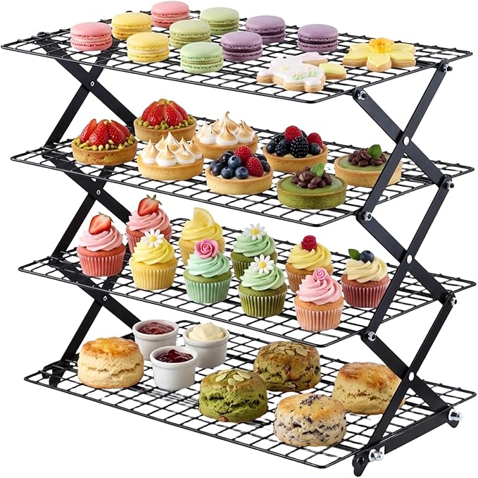 ShellKingdom 4 Tier Collapsible Cooling Rack, Outdoor Camping Picnic Shelf, Wire Cooling Rack for Baking, Cookies, Cake, Roasting, Grilling, Drying Rack - Black