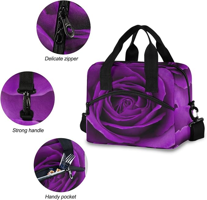 Purple Rose Insulated Lunch Bag Rose Flower Reusable Lunch Tote Bag Lunch Box for Women Men Adult Cooler Bag with Adjustable Shoulder Strap Leakproof for Work School Picnic
