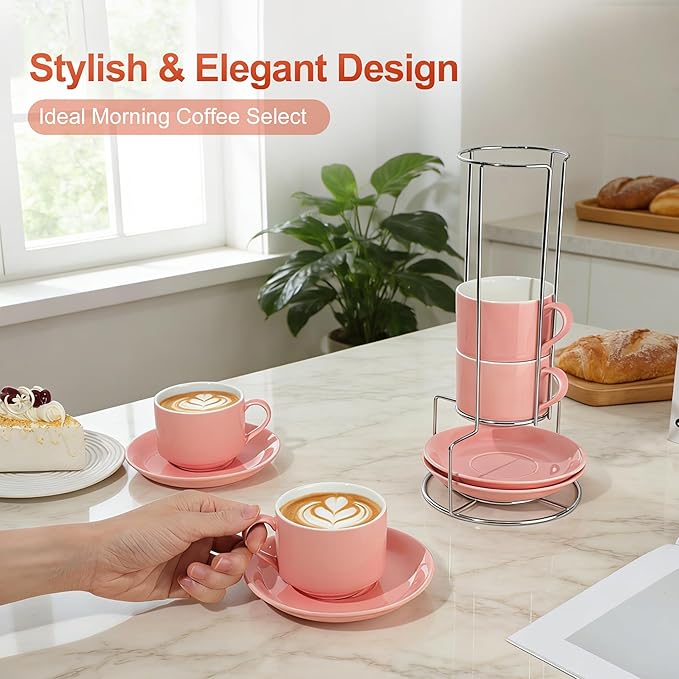 8 Ounce Cappuccino Cups Set of 4, Stackable Cappuccino Mugs, Includes Display Stand, Cups Saucers, and Spoons, for Machines & Home Use, Pink, Silver Tone