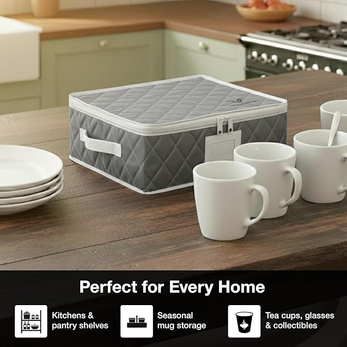 Mug Storage Organizer Set of 2 – 12 Compartment Cup Storage Boxes with Lid, Stackable Woven Fabric Holder for Coffee Mugs, Glassware & Teacups (Oxford Cloth, Padded, Gray)