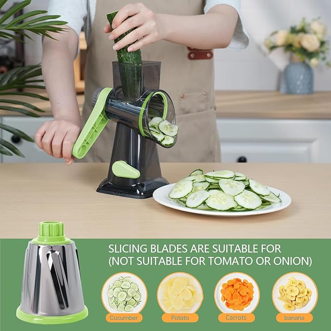 Rotary Cheese Grater with Handle-Versatile Cheese Grater Non-Slip Suction Base,Cheese Shredder & Food Slicer for Cheese,Carrots, Cucumbers,Nuts-Compact & Easy Clean Kitchen Kitchen Tool (Green)