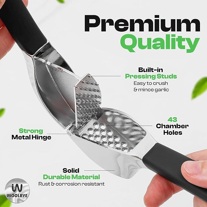 4-in-1 Garlic Press Set - Stainless Steel Garlic Press, Garlic Press, Chopper, Grinder, Grater, Mincer with Peeler, Silicone Tube Roller, Brush and Knife - The Essential Garlic Mincing Kit