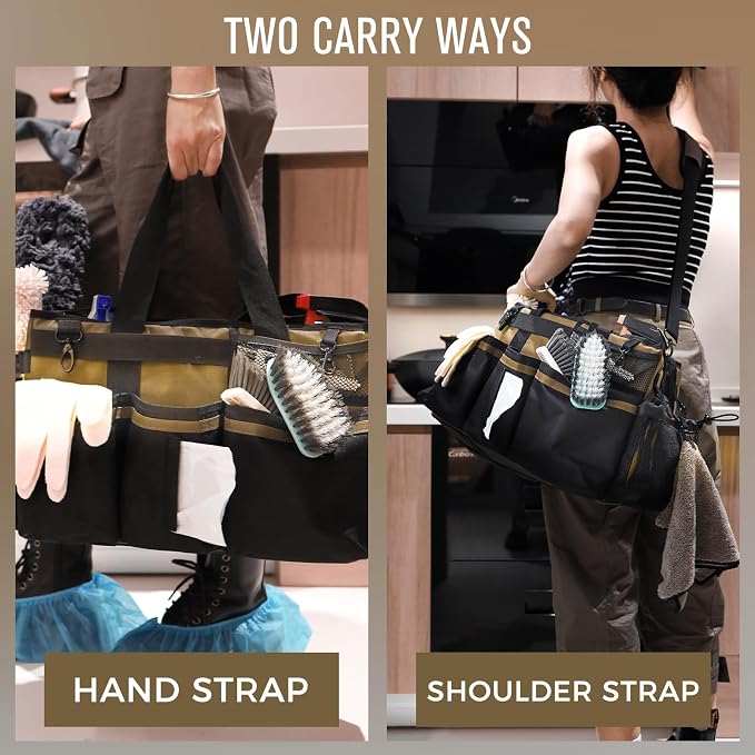 SCAVATA Wearable Cleaning Caddy Organizer with Handle & Shoulder Straps for Housekeepers, Under Sink & Car Cleaning Tool Organizer Bag with 4 Foldable Dividers (Tan)